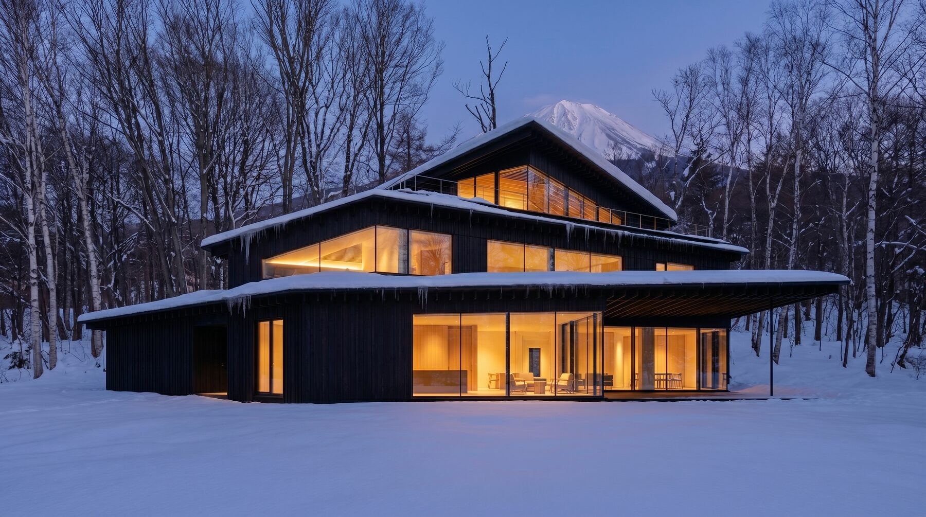 Snow Villa exterior at dusk