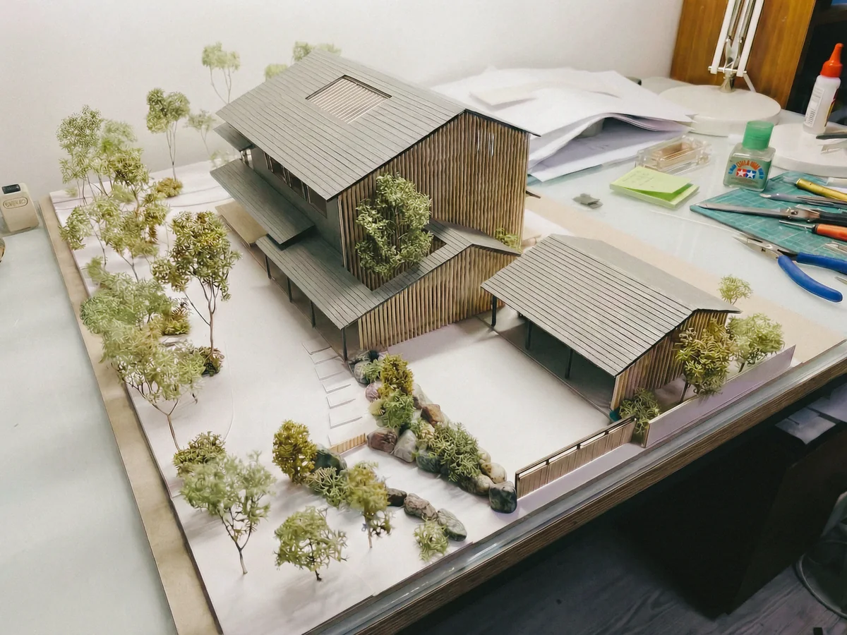 A physical model of a house and its landscape