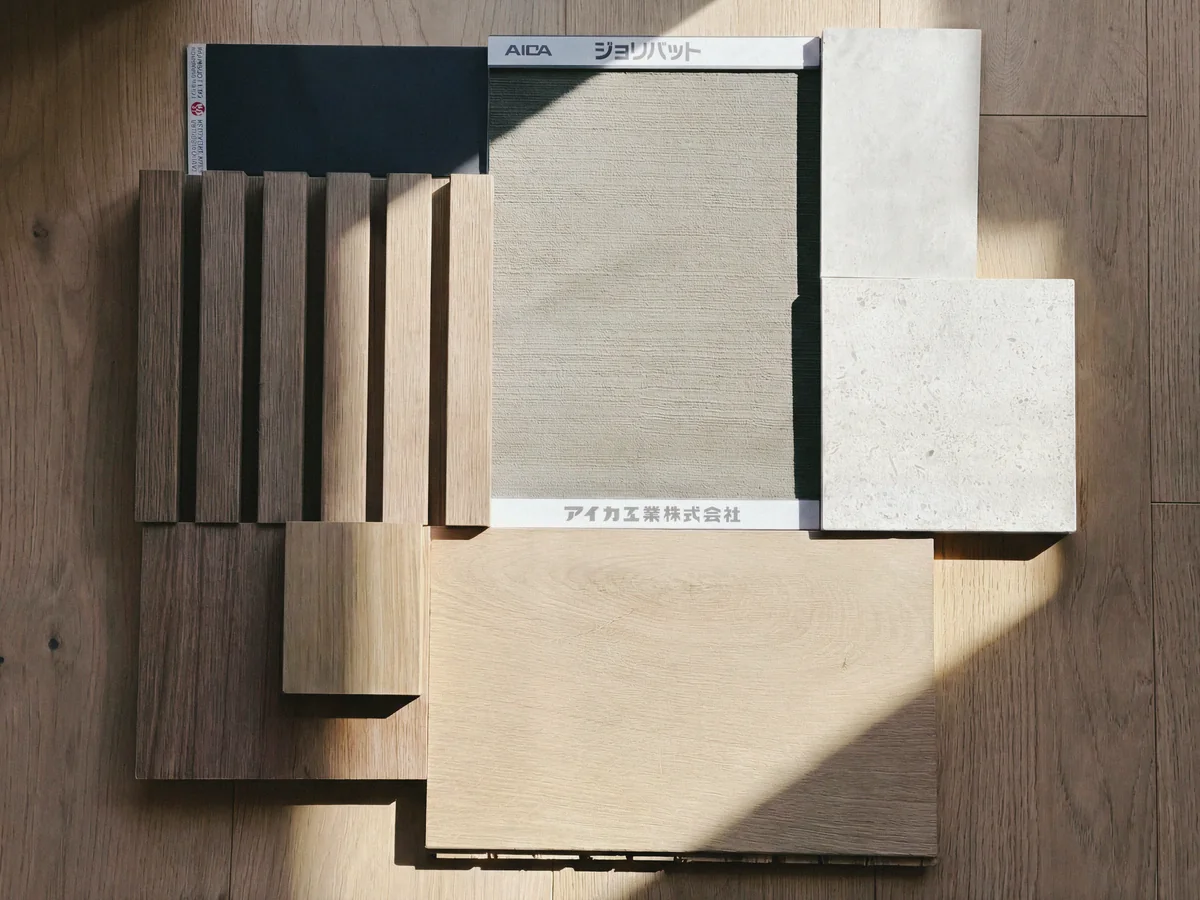 Timber, plaster and stone samples in daylight