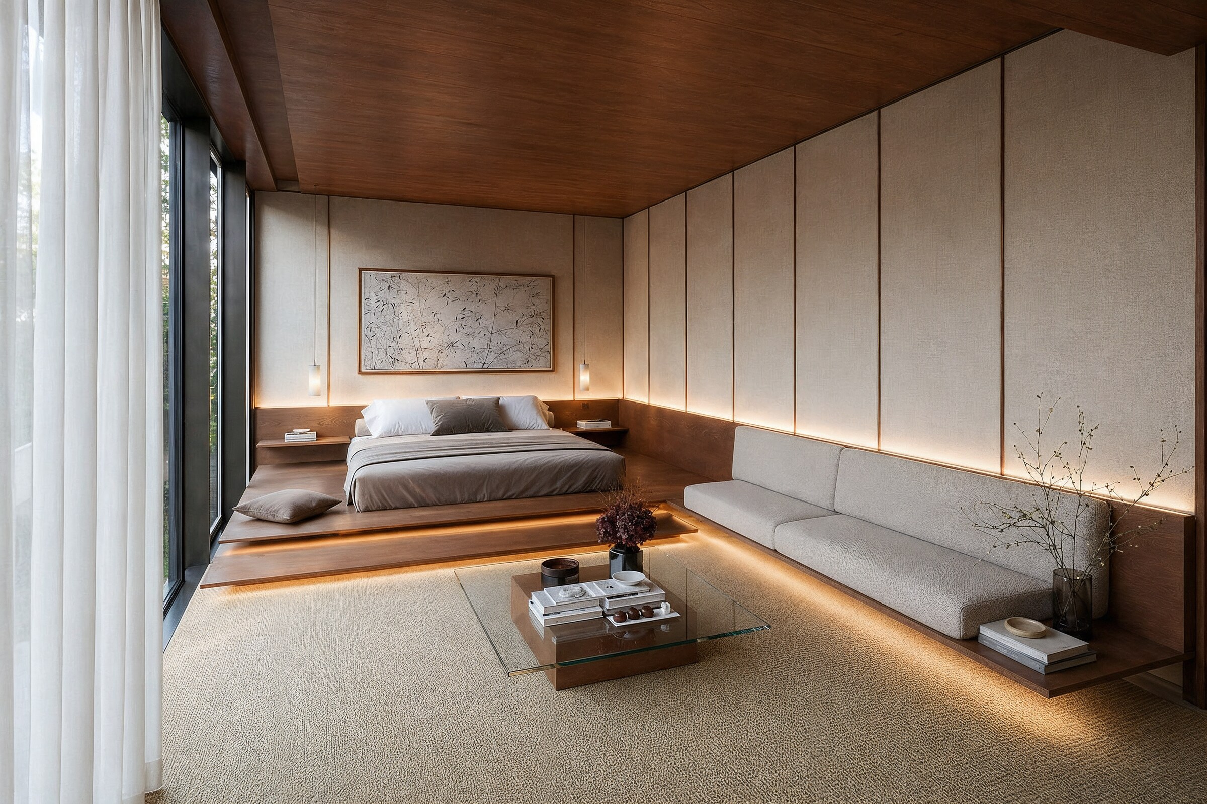 Mililab residential interior — oak ceiling, fabric panels, integrated lighting