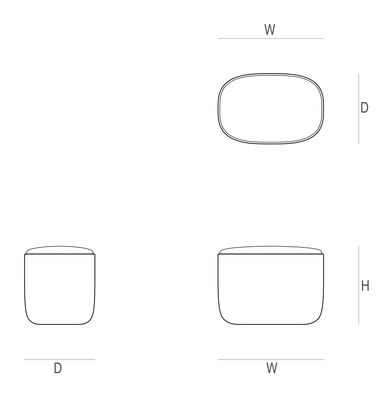 Ishi Stool dimension drawing: plan and elevations marked W, D and H