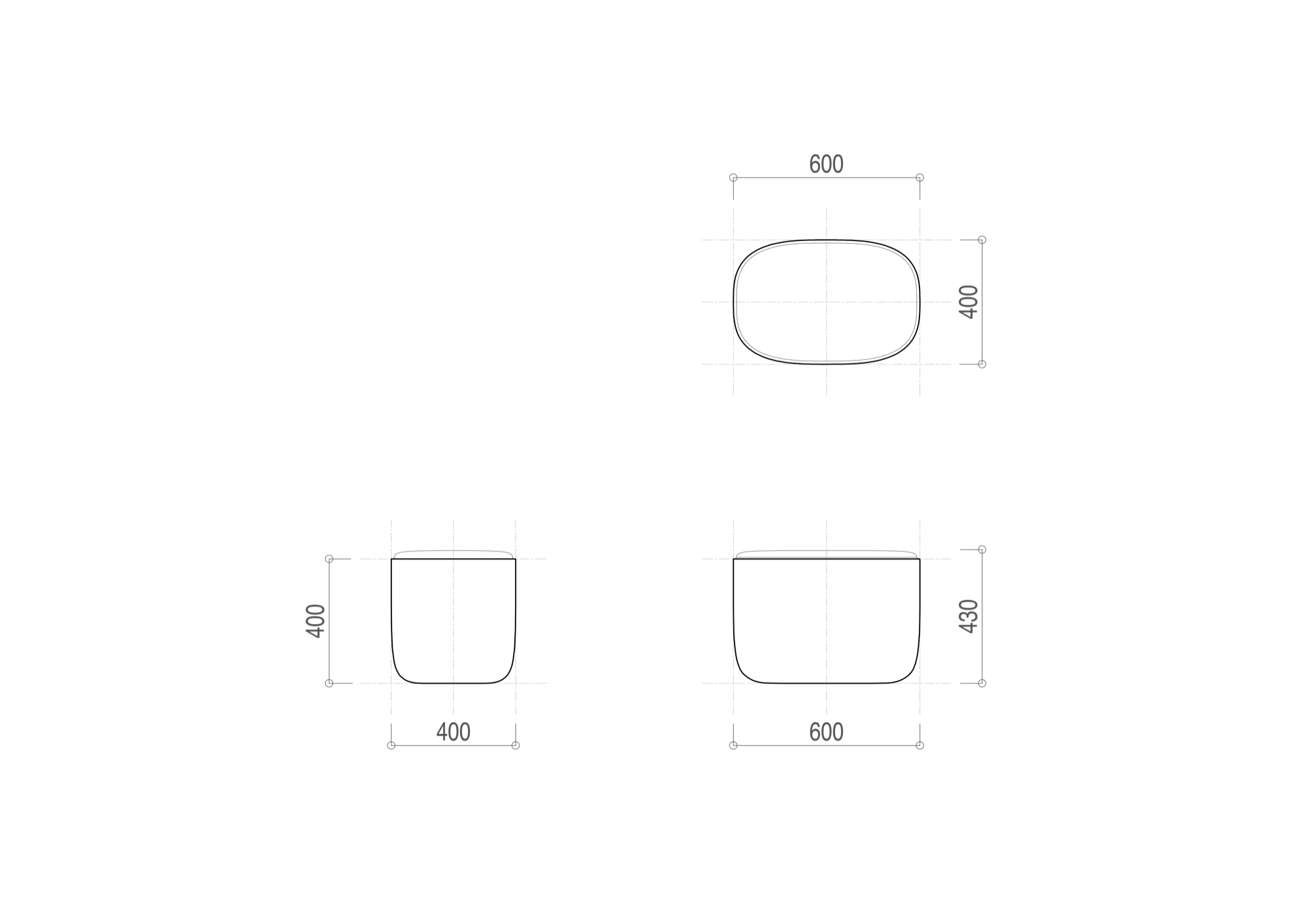 Ishi スツール technical dimensions — top view 600×400mm, side 400×400mm, front 600×430mm