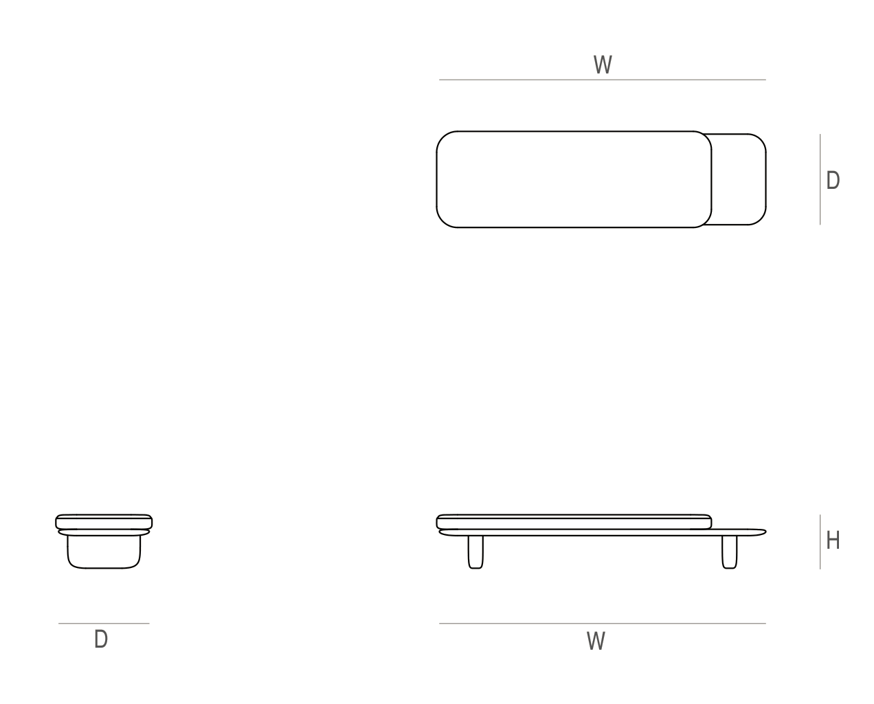 Kawa Bench dimension drawing: plan and elevations marked W, D and H