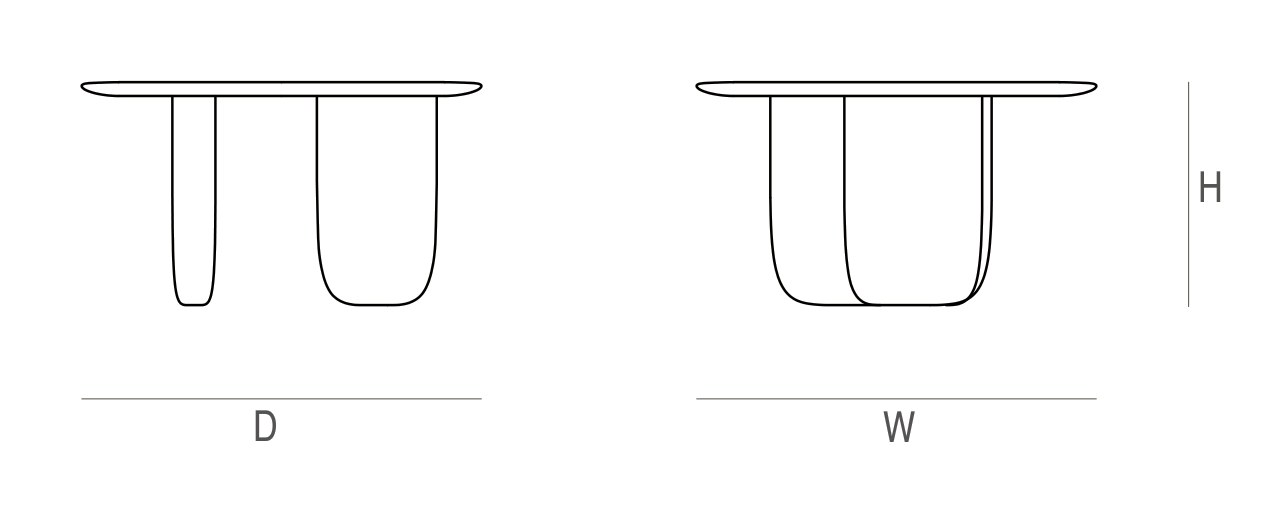 Maru Dining Table dimension drawing: plan and elevations marked W, D and H