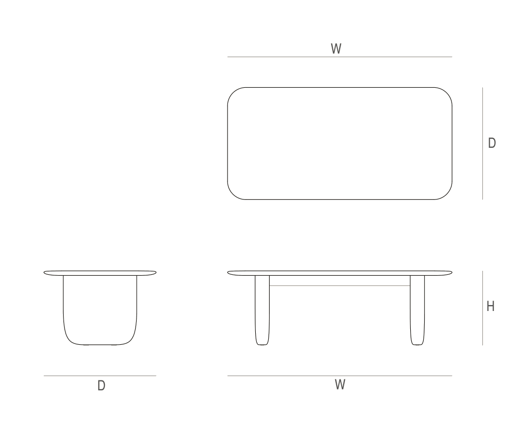 Sen Dining Table dimension drawing: plan and elevations marked W, D and H