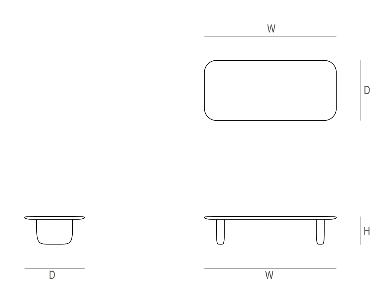 Shizu Low Table dimension drawing: plan and elevations marked W, D and H