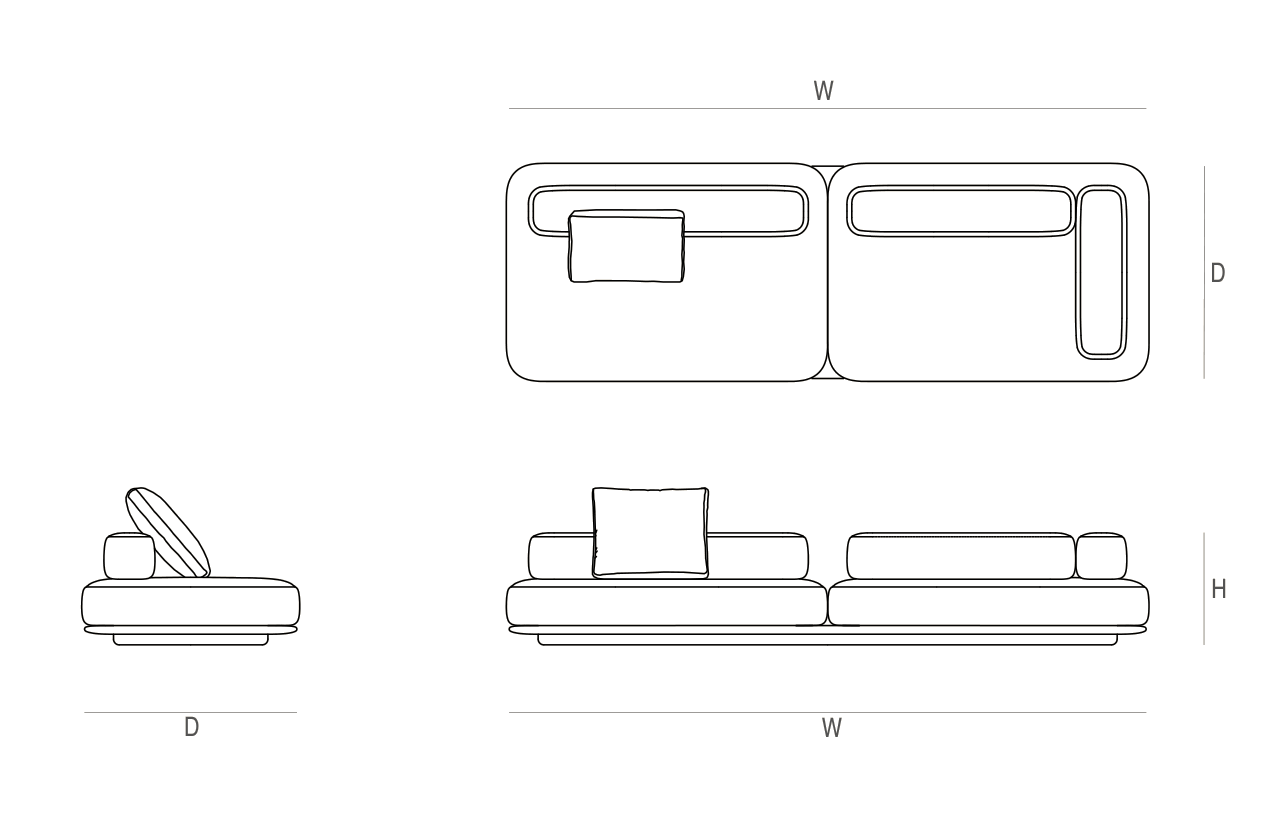 Sora double module dimension drawing marked W, D and H