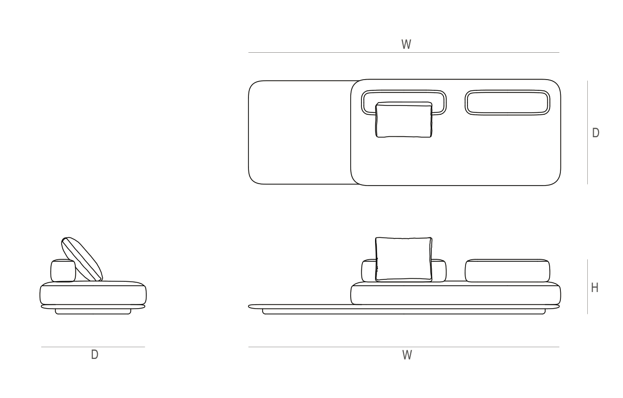 Sora lounge module dimension drawing marked W, D and H