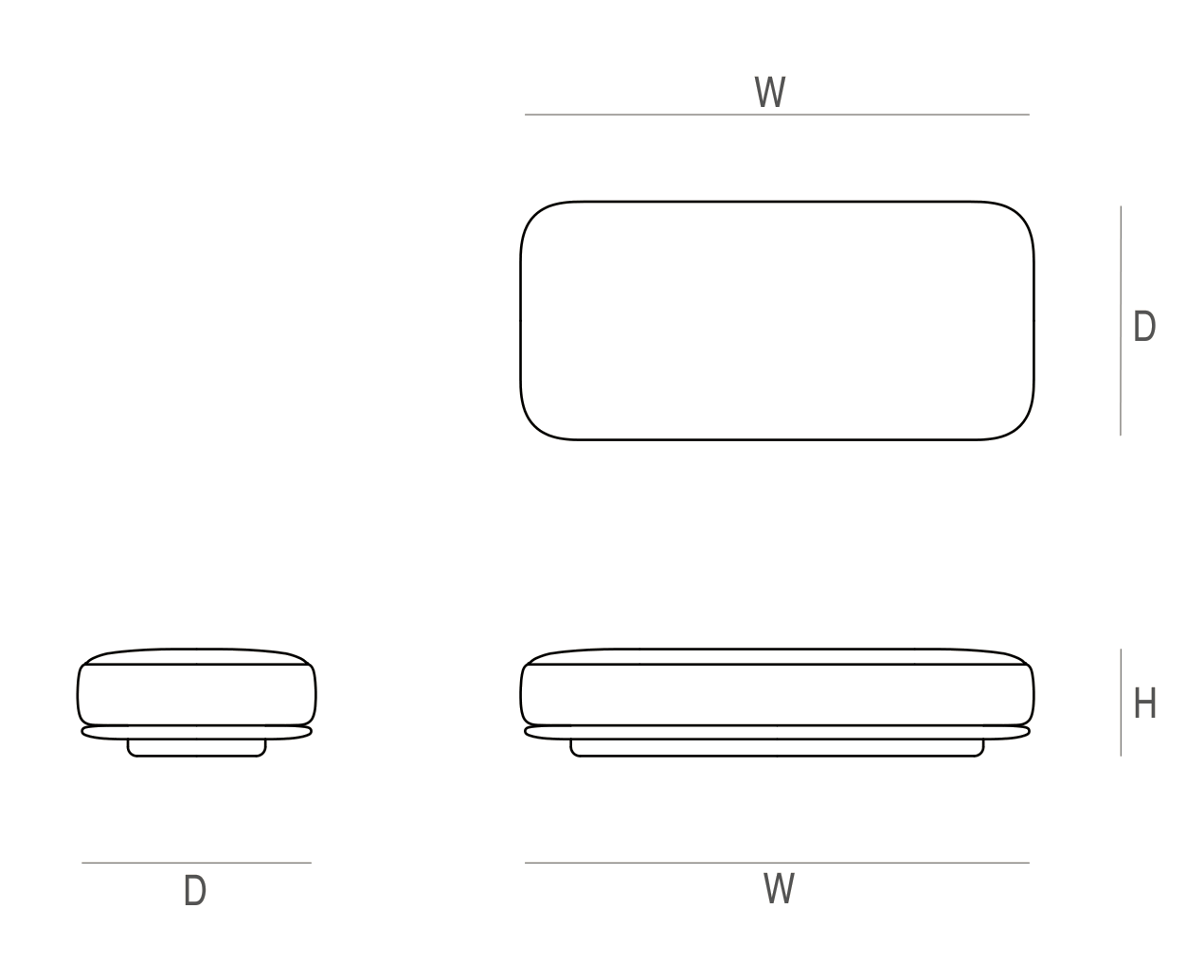 Sora ottoman dimension drawing marked W, D and H