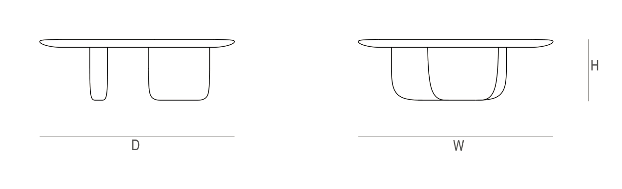 Tsuki Coffee Table dimension drawing: plan and elevations marked W, D and H