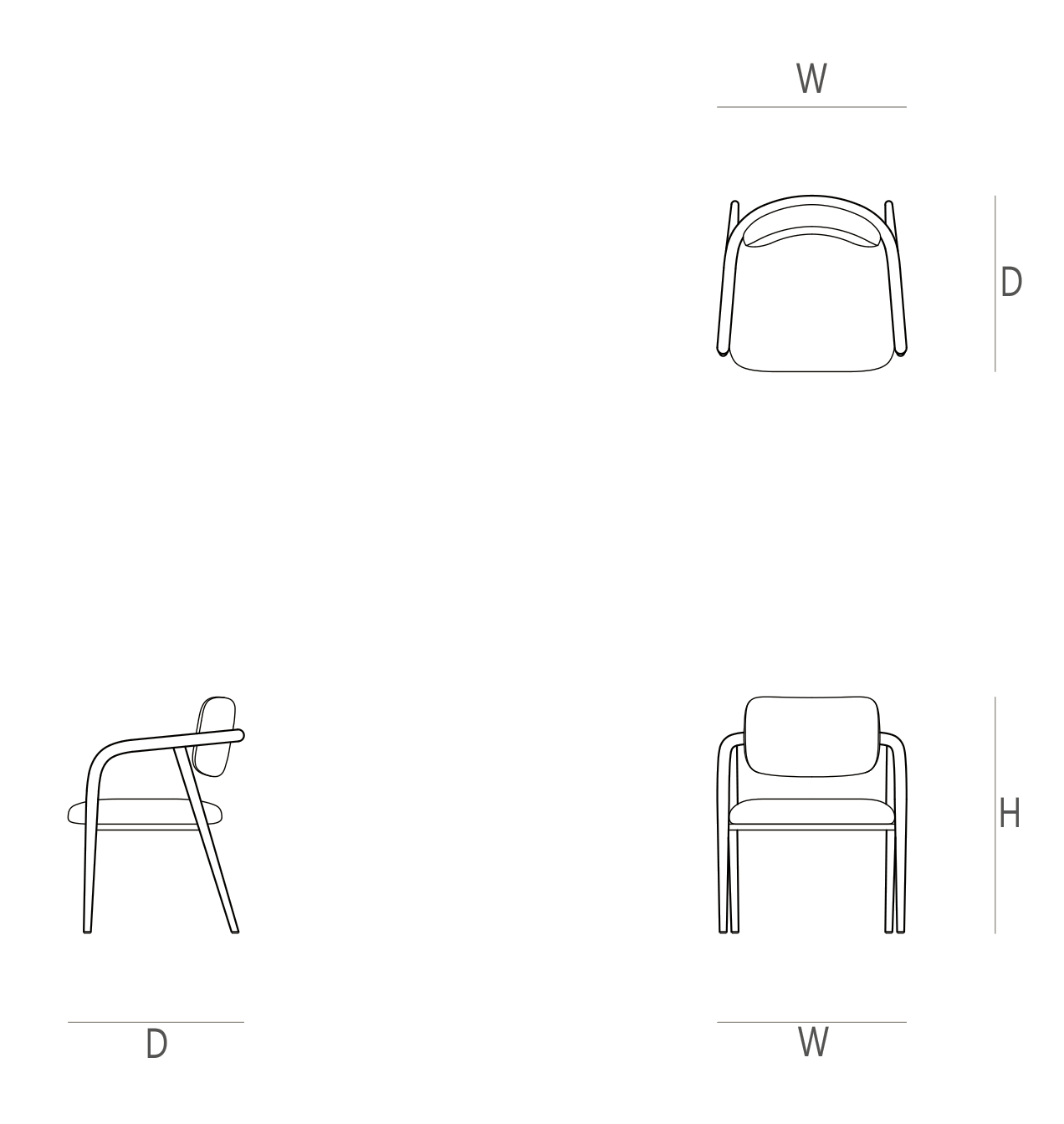 Yume Chair dimension drawing: plan and elevations marked W, D and H