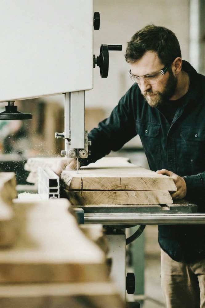 Craftsman cutting European oak on the bandsaw