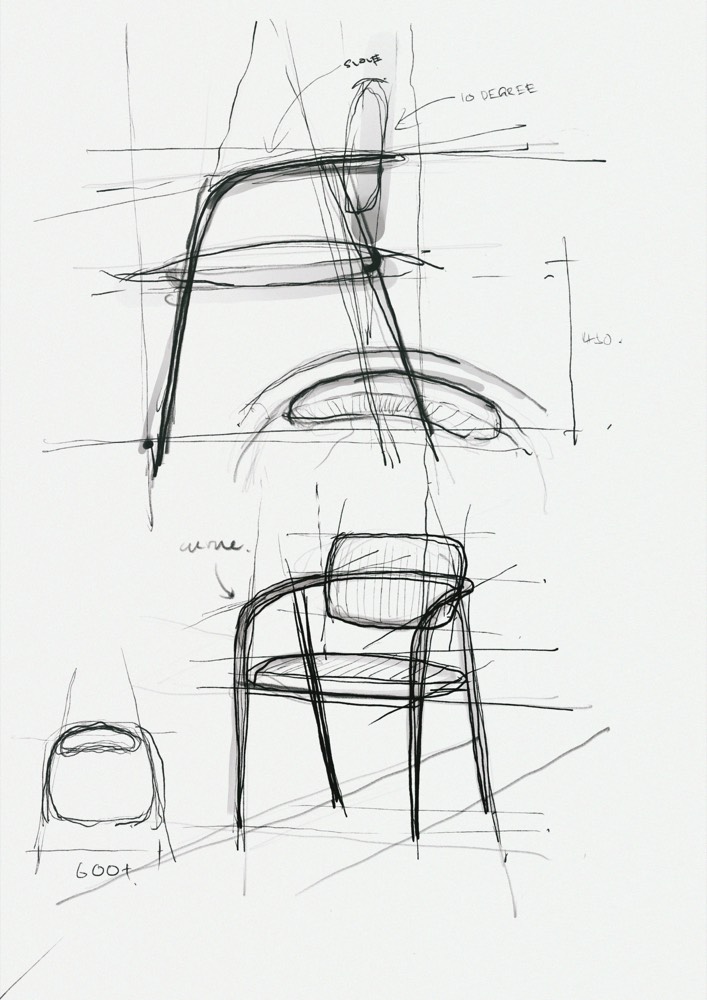 Original ENWA chair design sketches — pen on paper