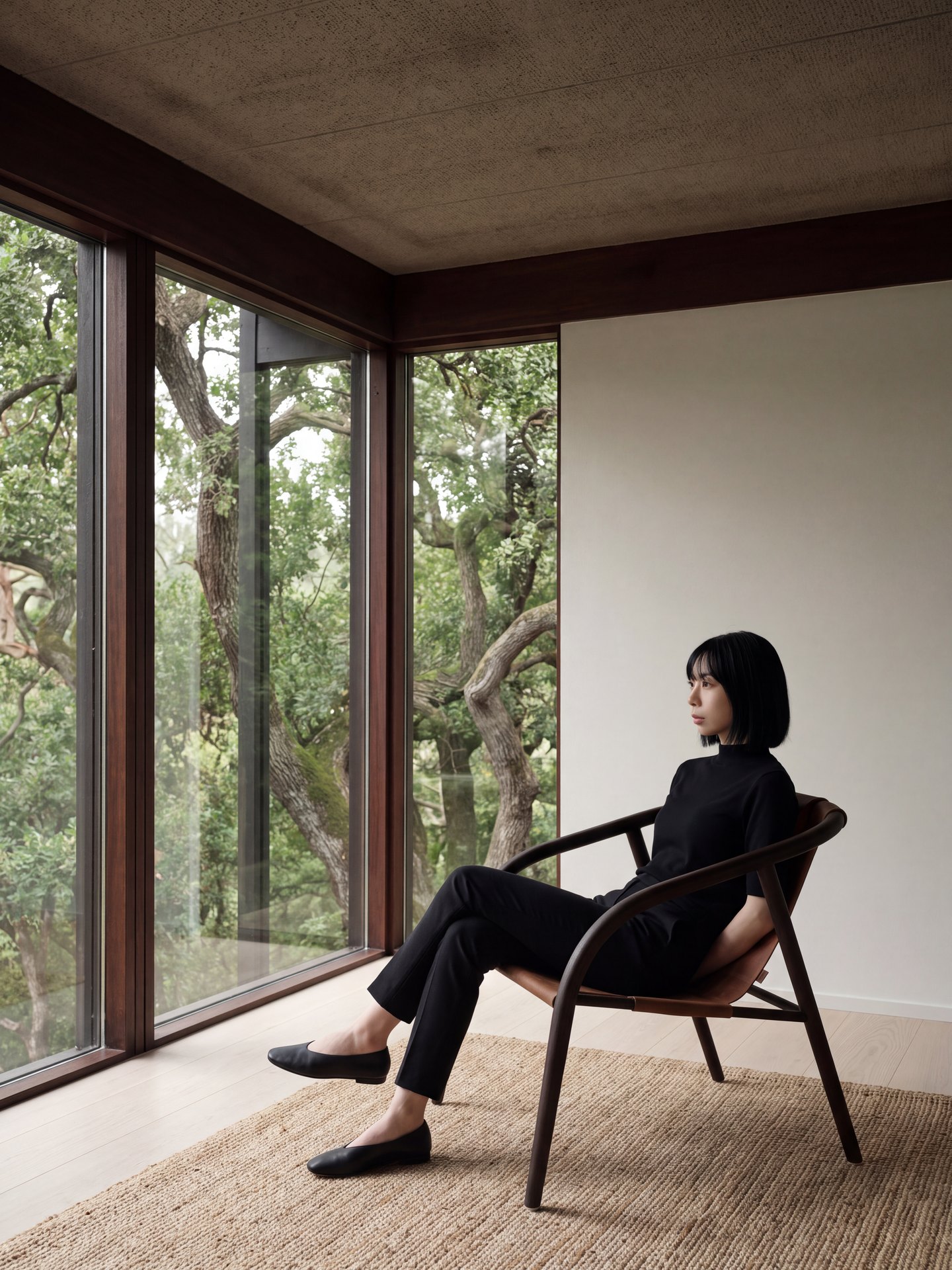 ENWA lounge chair in a timber room looking onto forest, a woman seated in it