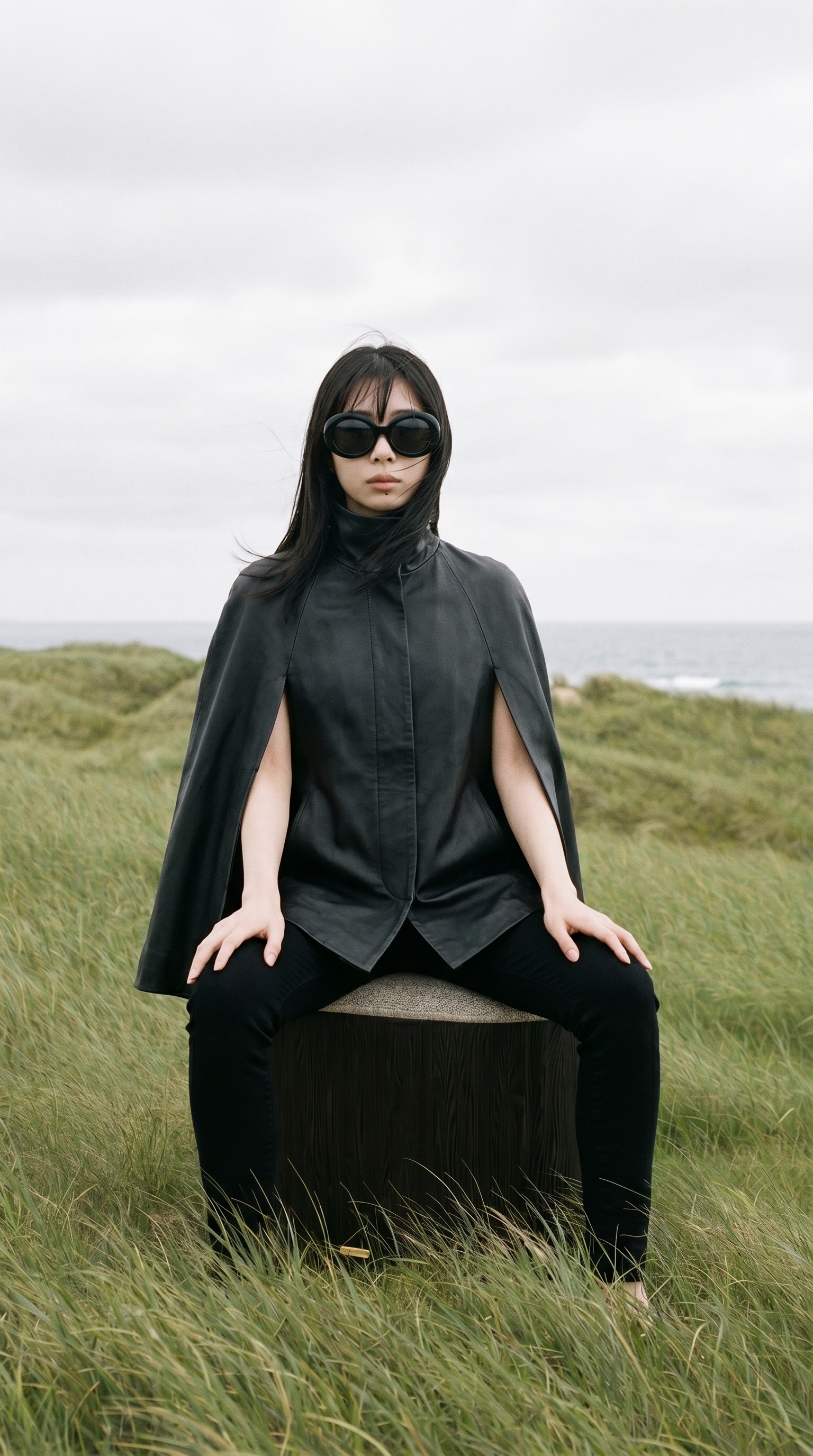 Seated on Ishi in the coastal dunes, leaning forward