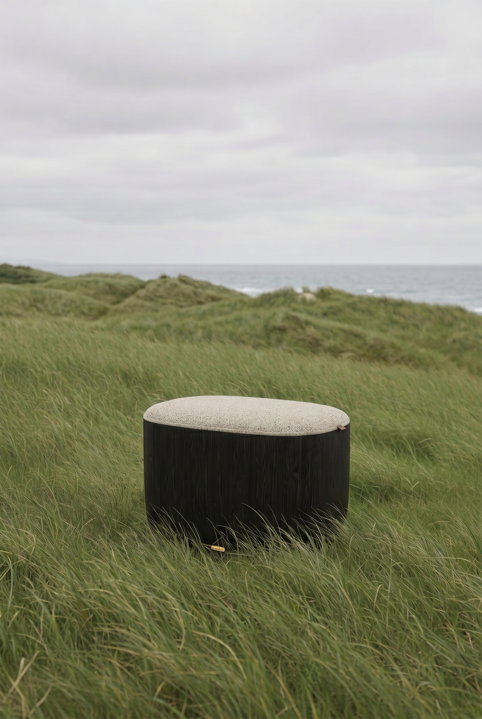 Ishi Stool with Kvadrat Savanna 0122 cushion on coastal dunes