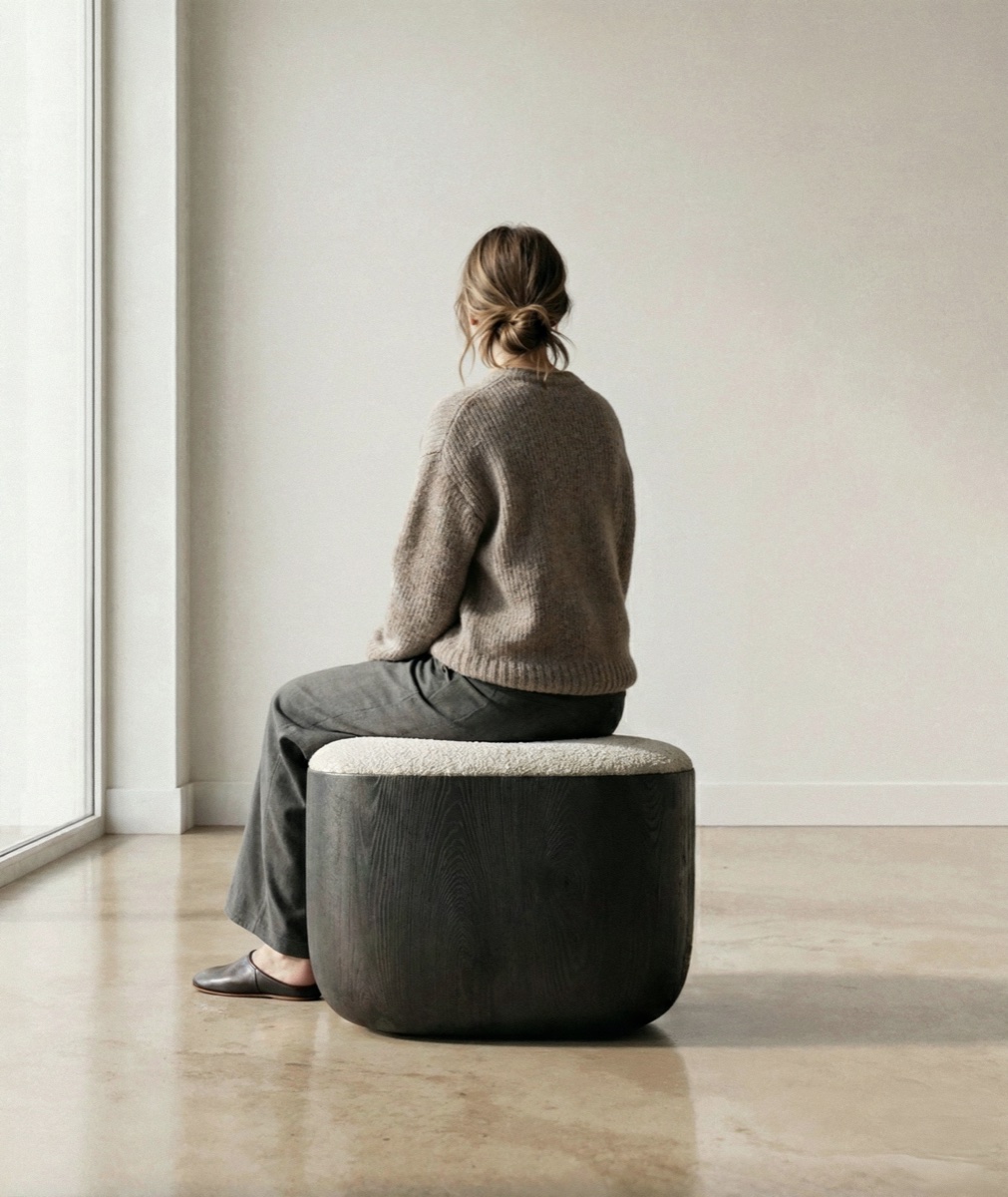 Ishi スツール in living space — woman seated