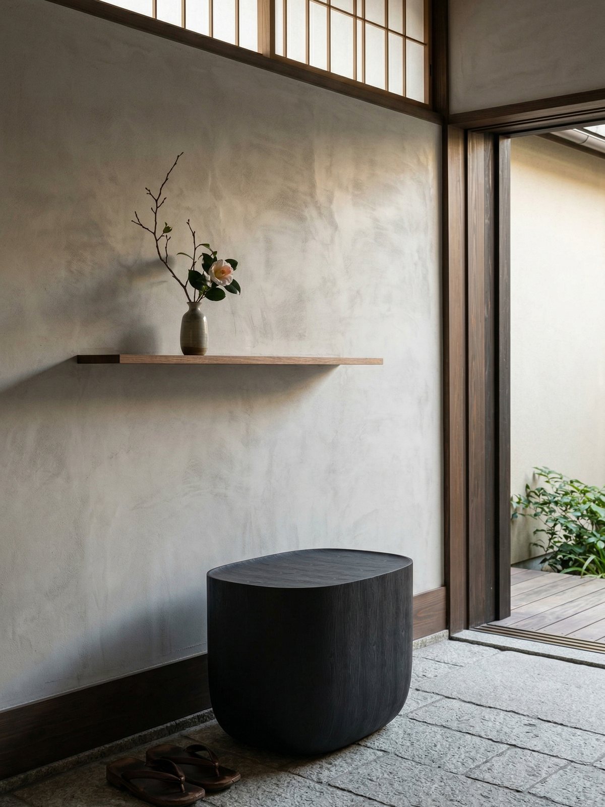 Ishi in the entryway, stone floor and camellia