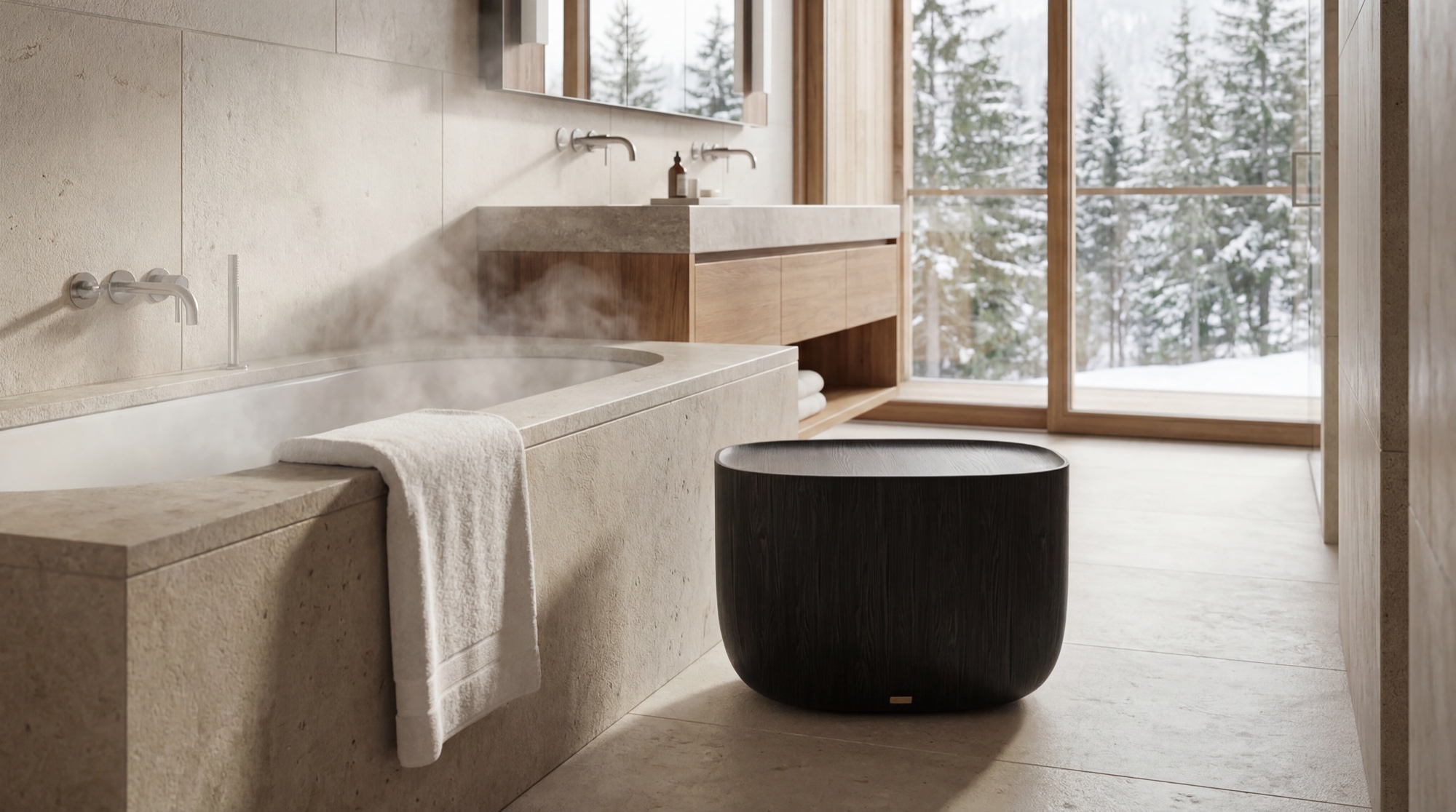 Ishi stool in an alpine spa bathroom, snow beyond the glass