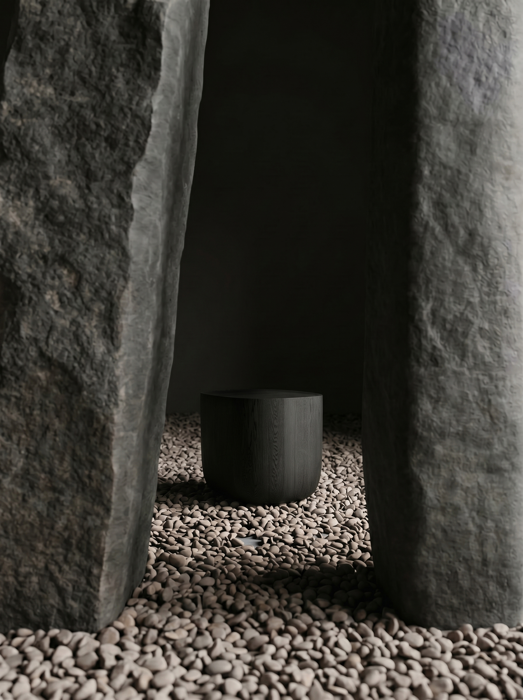 Ishi Stool between textured concrete walls on river stones