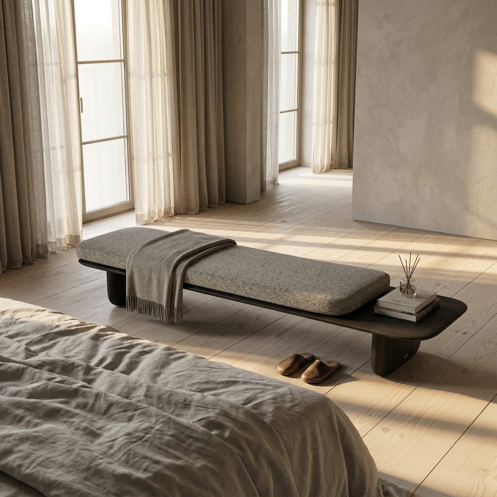 Kawa Bench placed at the foot of a bed in a calm bedroom