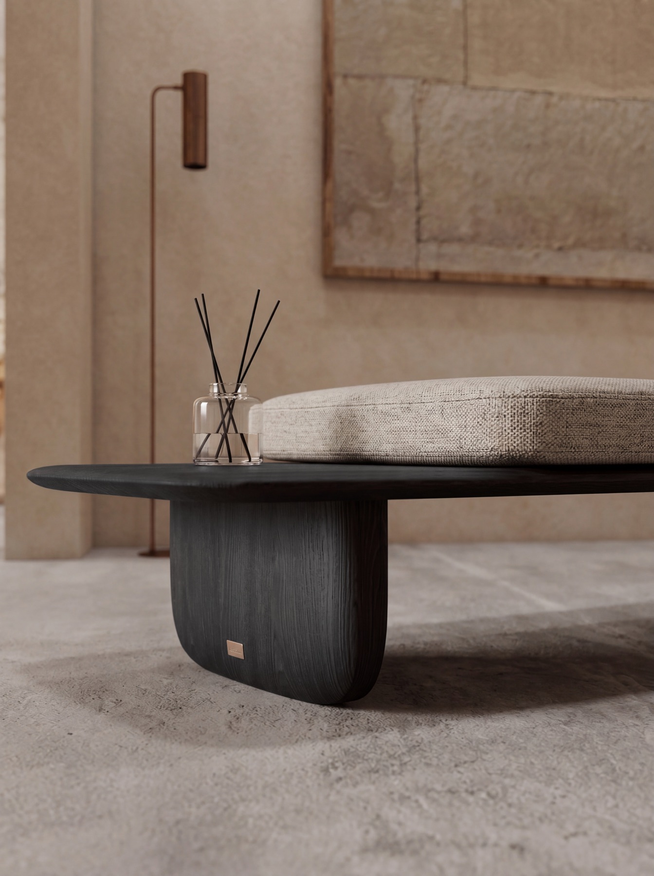 Close detail of Kawa Bench cushion, oak platform, and interior styling