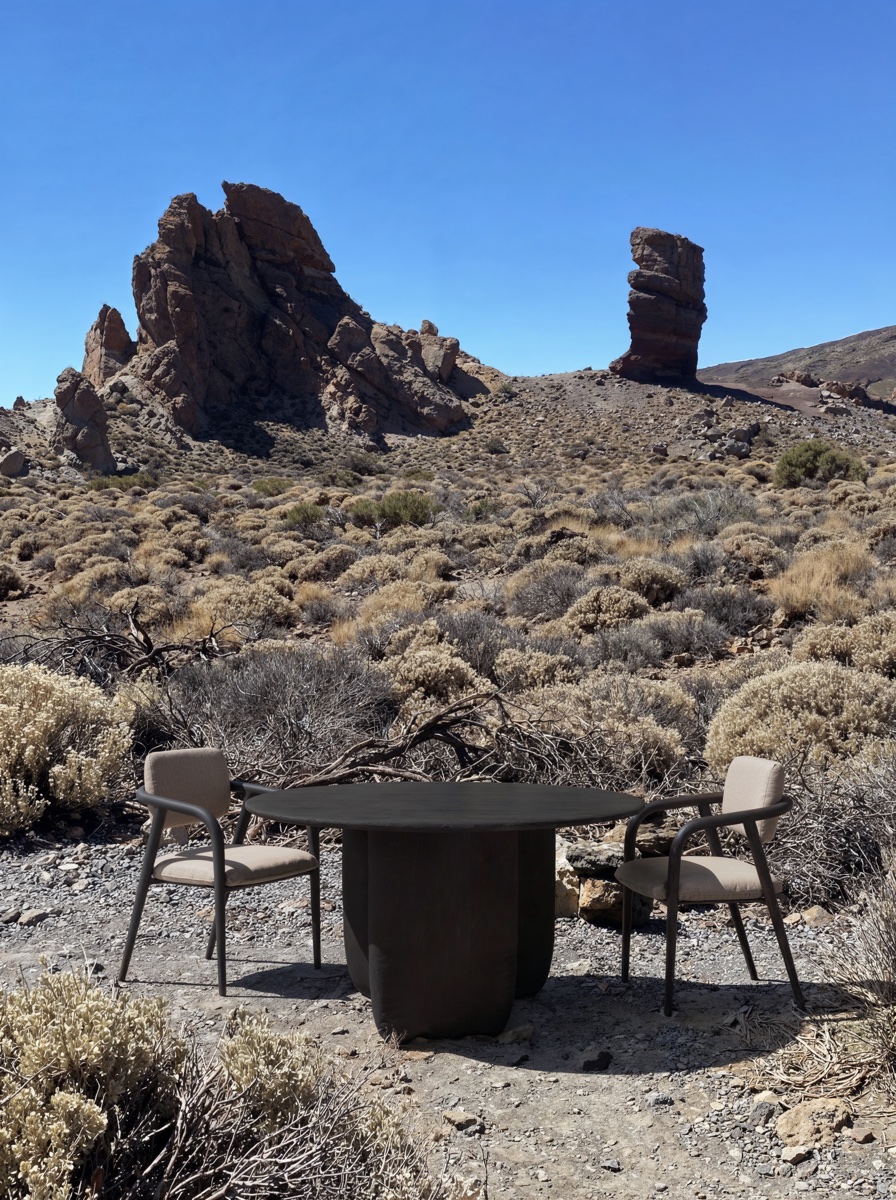 Maru ダイニングテーブル with Yume Chairs in volcanic landscape