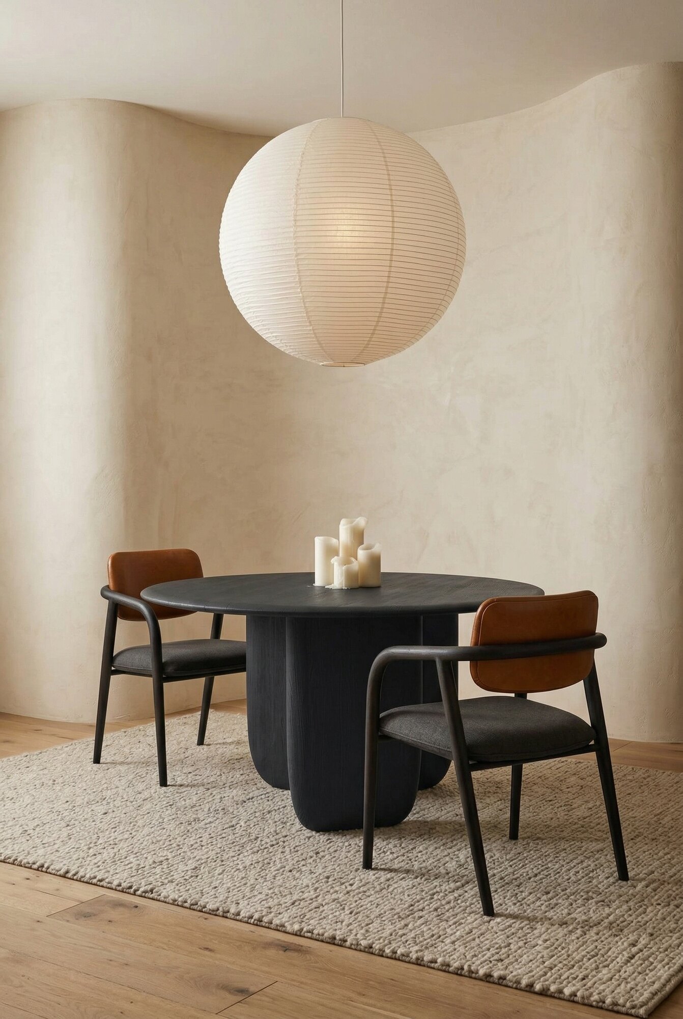 Maru Round Dining Table in charcoal oak — minimalist plaster interior