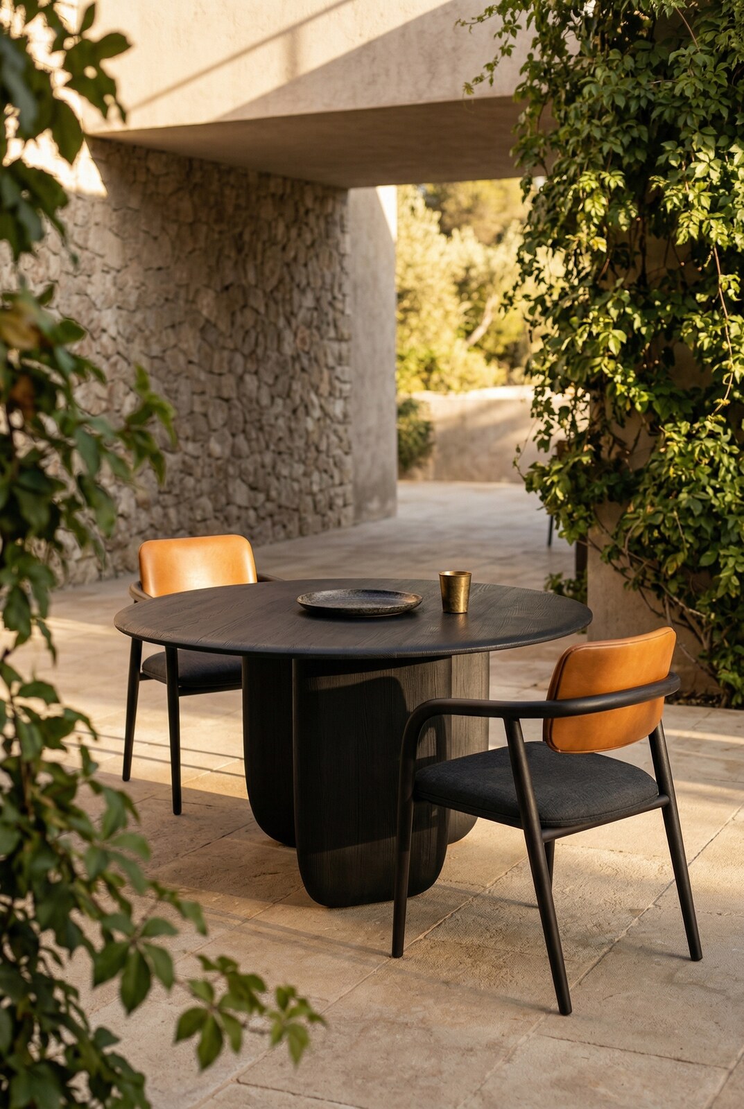 Maru Dining Table in charcoal oak, courtyard light