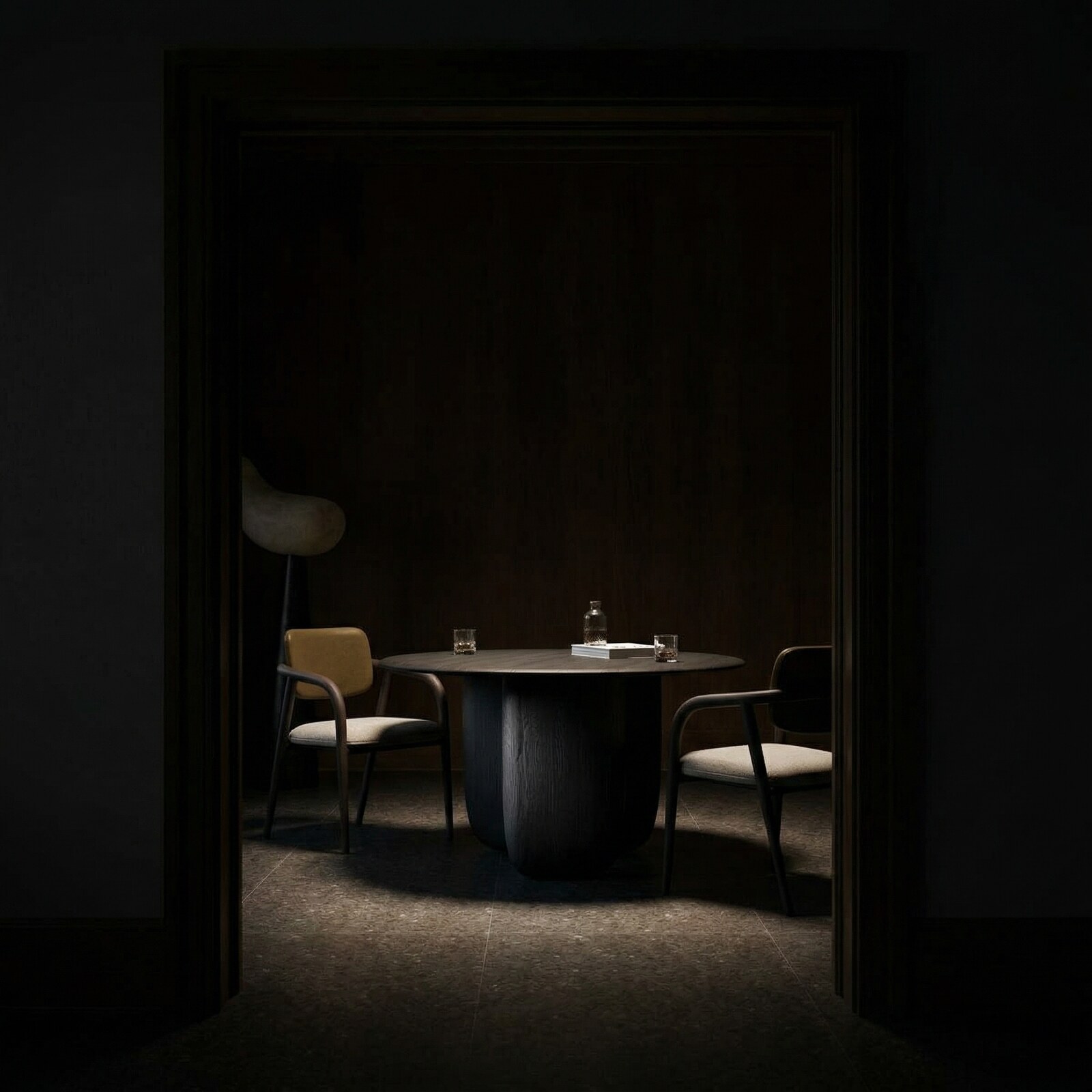 Maru Dining Table in a low-lit dining room
