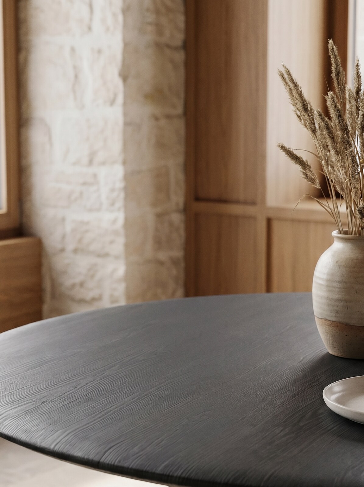 Maru Dining Table — panel-built oak top, surface grain
