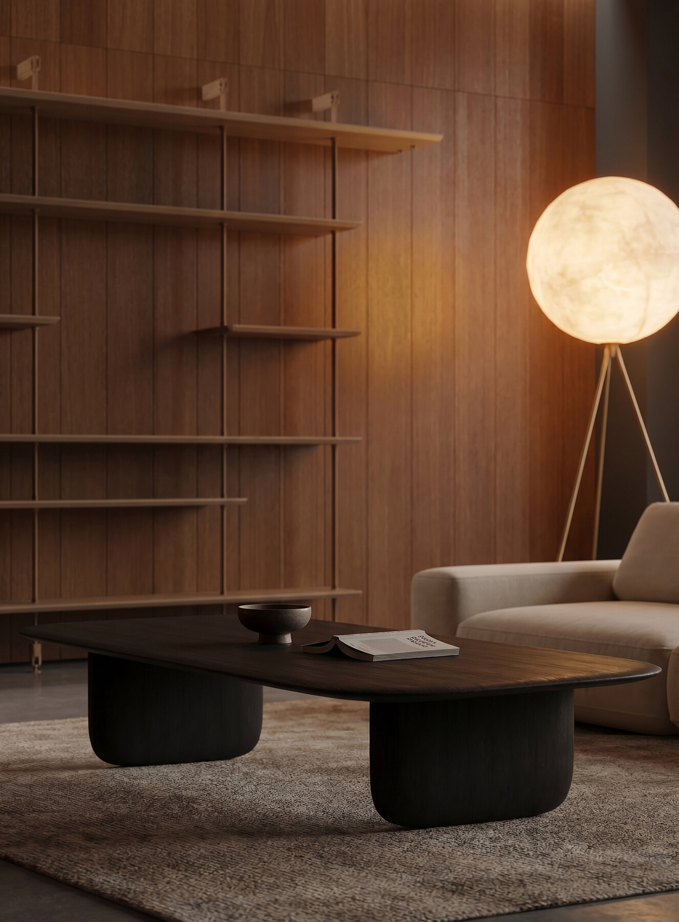 Shizu Low Table in charcoal oak — warm wood-panelled interior