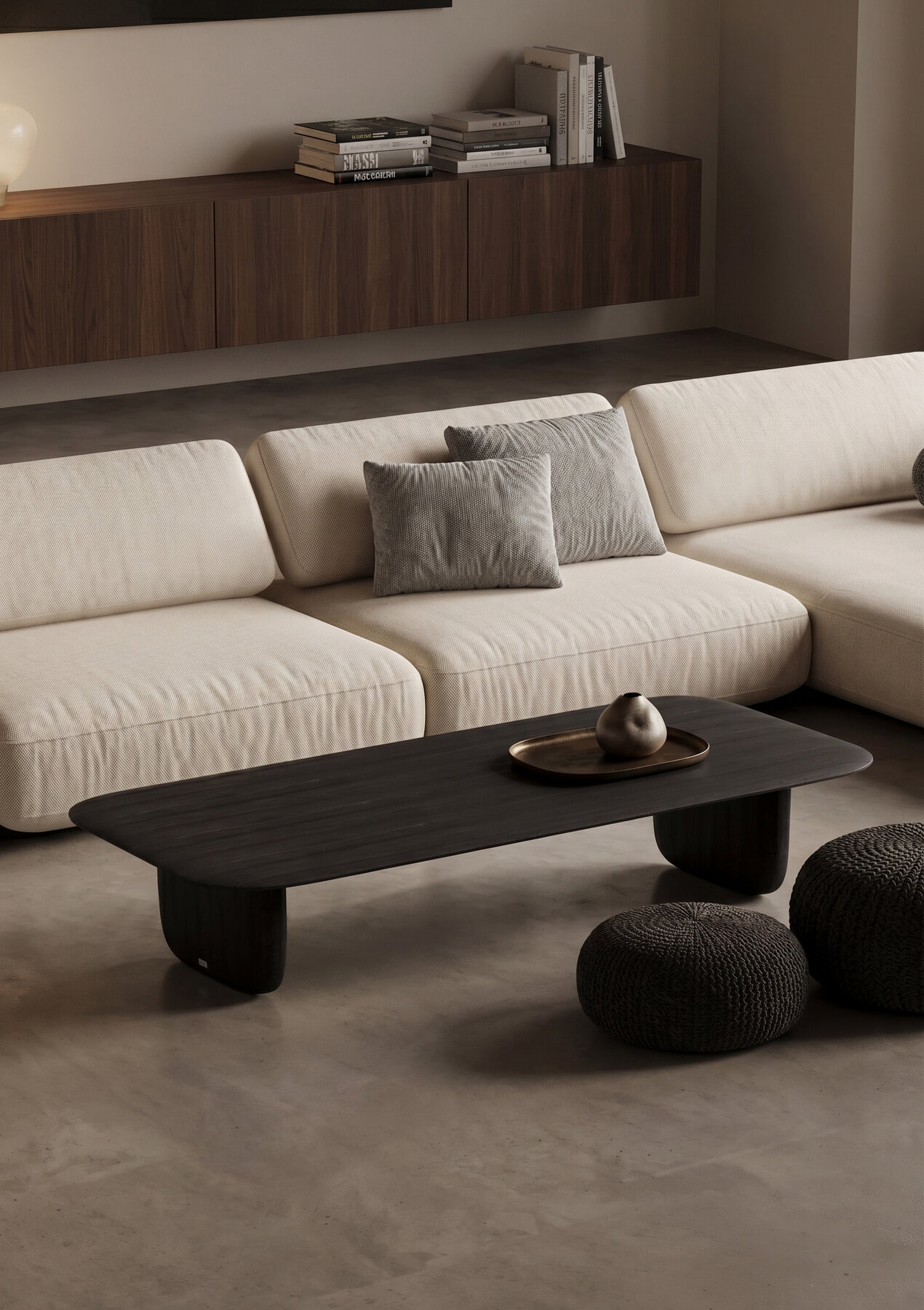 Shizu Low Table in charcoal oak — minimalist lounge with dark wood credenza