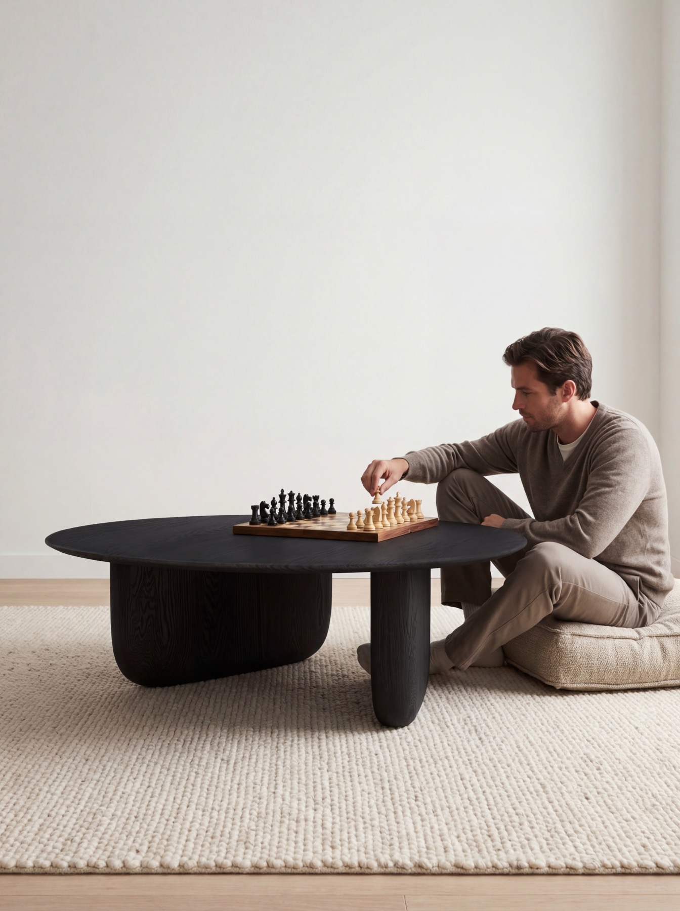 Tsuki Coffee Table in living room with chess set