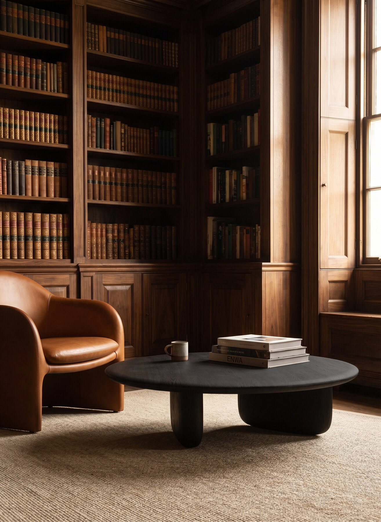 Tsuki Coffee Table in charcoal oak — library setting
