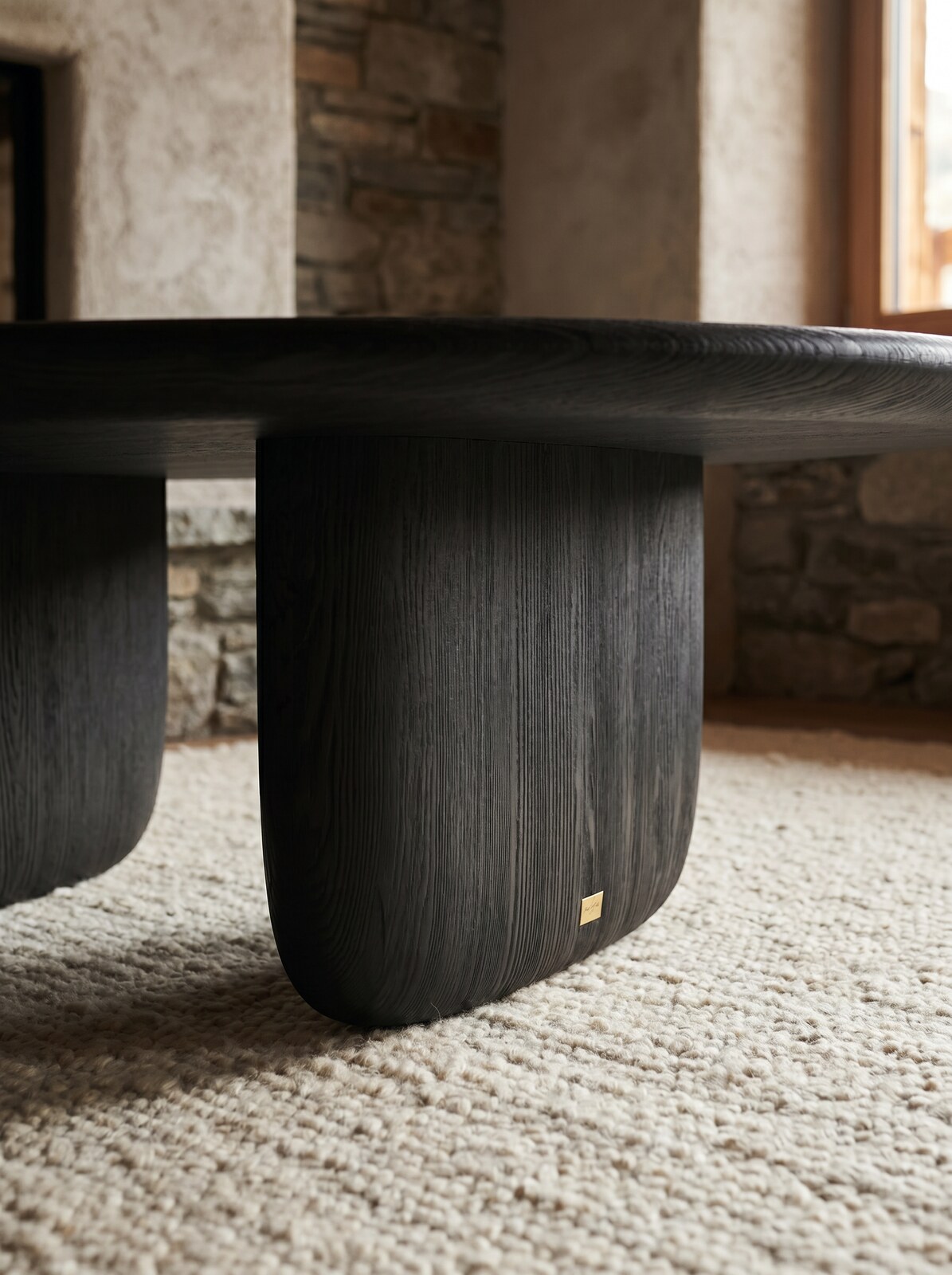 Tsuki Coffee Table — curved base on the rug
